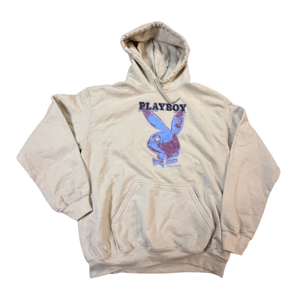 Playboy Men’s Hoodie – Size Medium – Cream with Blue & Purple Bunny Logo
